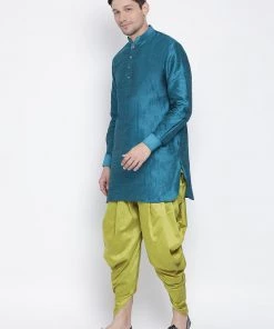 Vastramay Men's Turquoise Silk Blend Kurta And Dhoti Pant Set