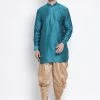 Vastramay Men's Turquoise Silk Blend Kurta And Dhoti Pant Set