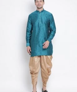 Vastramay Men's Turquoise Silk Blend Kurta And Dhoti Pant Set