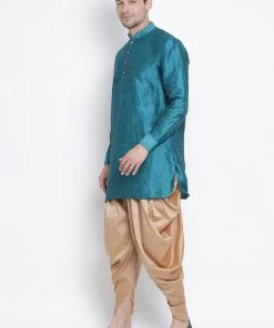 Vastramay Men's Turquoise Silk Blend Kurta And Dhoti Pant Set