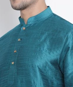 Vastramay Men's Turquoise Silk Blend Kurta And Dhoti Pant Set