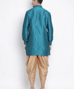 Vastramay Men's Turquoise Silk Blend Kurta And Dhoti Pant Set