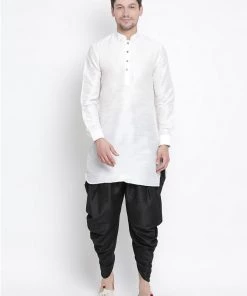 Vastramay Men's White Silk Blend Kurta And Dhoti Pant Set