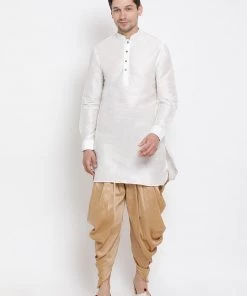 Vastramay Men's White Silk Blend Kurta And Dhoti Pant Set