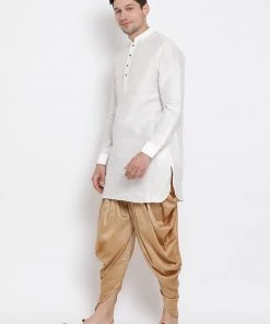 Vastramay Silk Blend White And Rose Gold Baap Beta Dhoti Kurta Set