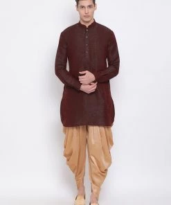 Vastramay Men's Burgundy Silk Blend Pathani Style Kurta