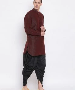 Vastramay Men's Burgundy Silk Blend Kurta And Dhoti Pant Set