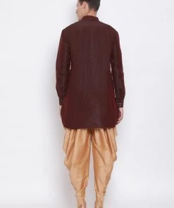 Vastramay Men's Burgundy Silk Blend Kurta And Rose Gold Dhoti Pant Set