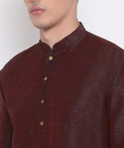 Vastramay Men's Burgundy Silk Blend Kurta And Rose Gold Dhoti Pant Set