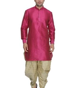 Vastramay Men's Pink Cotton Silk Blend Kurta And Dhoti Pant Set