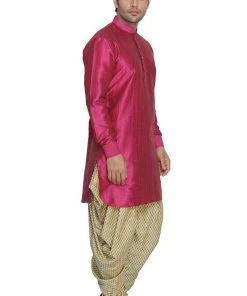 Vastramay Men's Pink Cotton Silk Blend Kurta And Dhoti Pant Set