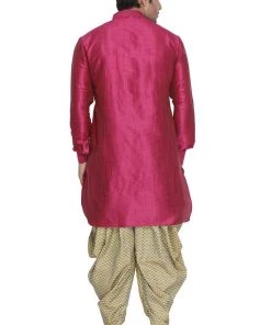 Vastramay Men's Pink Cotton Silk Blend Kurta And Dhoti Pant Set