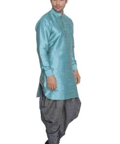 Vastramay Men's Blue Cotton Silk Blend Kurta And Dhoti Pant Set