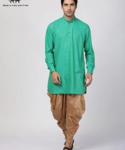Vastramay Men's Green Cotton Blend Kurta And Dhoti Pant Set