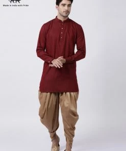 Vastramay Men's Maroon Cotton Blend Kurta Dhoti Pant Set Buy 1 Get 1
