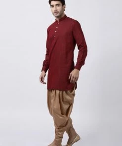 Vastramay Men's Maroon Cotton Blend Kurta Dhoti Pant Set Buy 1 Get 1