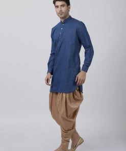 Vastramay Kurta Sets Men's Navy Blue Cotton Blend Kurta And Dhoti Pant Set