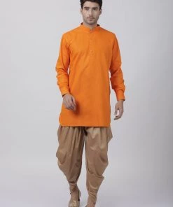 Vastramay Men's Orange Cotton Blend Kurta And Dhoti Pant Set