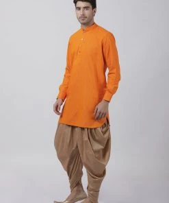 Vastramay Men's Orange Cotton Blend Kurta And Dhoti Pant Set