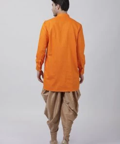 Vastramay Men's Orange Cotton Blend Kurta And Dhoti Pant Set