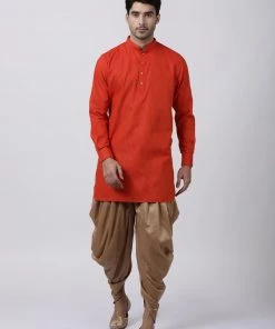 Vastramay Men's Red Cotton Blend Kurta And Dhoti Pant Set