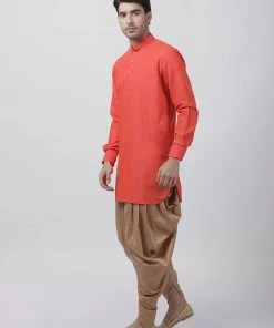 Vastramay Men's Orange Cotton Blend Kurta And Dhoti Pant Set