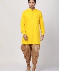 Vastramay Buy 1 Get 1 Men's Yellow Cotton Blend Kurta And Dhoti Pant Set