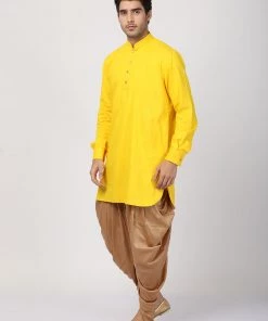 Vastramay Buy 1 Get 1 Men's Yellow Cotton Blend Kurta And Dhoti Pant Set