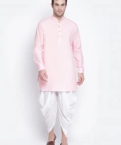 Vastramay Men's Pink And White Cotton Blend Dhoti Kurta Set