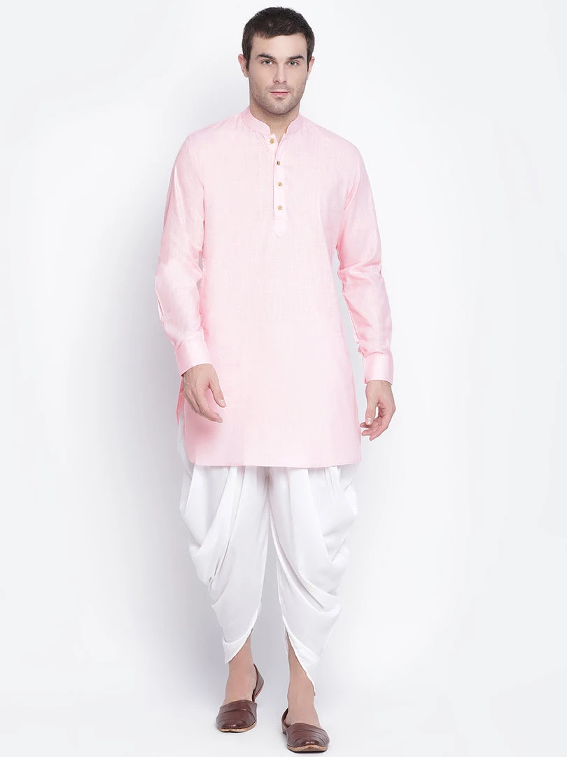 Vastramay Men's Pink And White Cotton Blend Dhoti Kurta Set 3 Vastramay Men's Pink And White Cotton Blend Dhoti Kurta Set