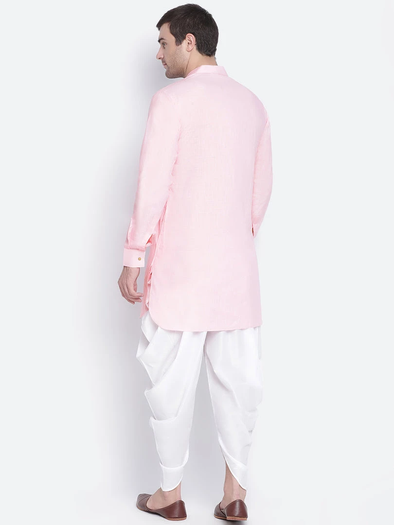 Vastramay Men's Pink And White Cotton Blend Dhoti Kurta Set 5 Vastramay Men's Pink And White Cotton Blend Dhoti Kurta Set