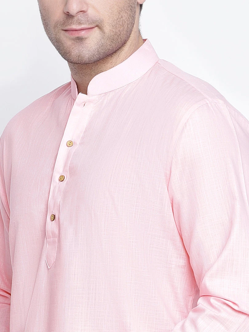 Vastramay Men's Pink And White Cotton Blend Dhoti Kurta Set 6 Vastramay Men's Pink And White Cotton Blend Dhoti Kurta Set