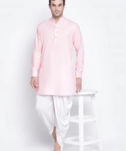 Vastramay Men's Pink And White Cotton Blend Dhoti Kurta Set 14 Vastramay Men's Pink And White Cotton Blend Dhoti Kurta Set
