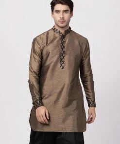 Vastramay Men's Bronze And Black Silk Blend Kurta
