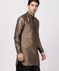 Vastramay Men's Bronze And Black Silk Blend Kurta