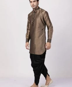 Vastramay Men's Bronze And Black Silk Blend Kurta And Dhoti Set
