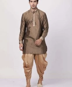 Vastramay Men's Gold Silk Blend Kurta And Dhoti Pant Set