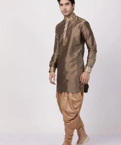 Vastramay Men's Gold Silk Blend Kurta And Dhoti Pant Set