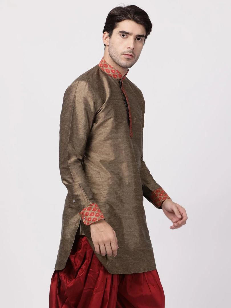Vastramay Men's Bronze And Maroon Toned Silk Blend Kurta 6 Vastramay Men's Bronze And Maroon Toned Silk Blend Kurta