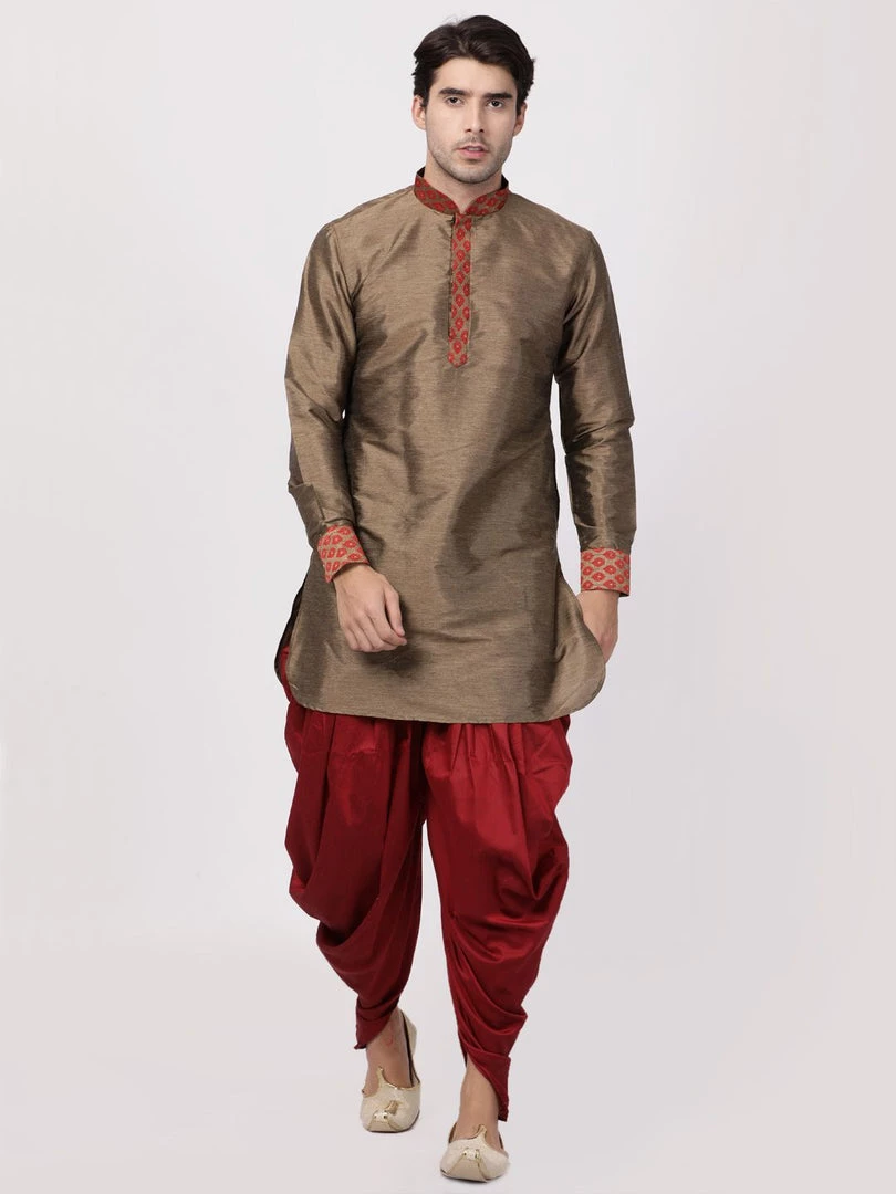 Vastramay Men's Bronze And Maroon Toned Silk Blend Kurta 7 Vastramay Men's Bronze And Maroon Toned Silk Blend Kurta