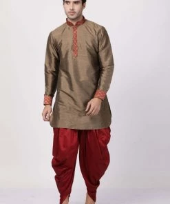 Vastramay Men's Bronze And Maroon Silk Blend Kurta And Dhoti Pant Set