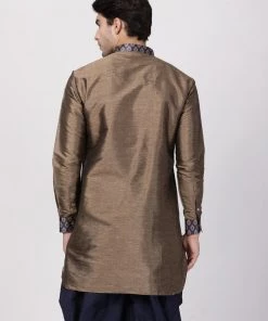 Vastramay Men's Bronze And Navy Blue Silk Blend Kurta