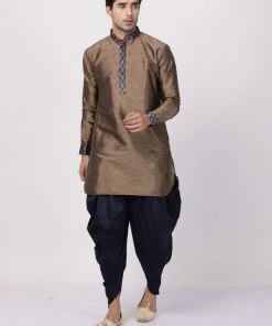Vastramay Men's Bronze And Navy Blue Silk Blend Kurta And Dhoti Pant Set