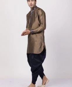 Vastramay Men's Bronze And Navy Blue Silk Blend Kurta And Dhoti Pant Set