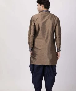 Vastramay Men's Bronze And Navy Blue Silk Blend Kurta And Dhoti Pant Set