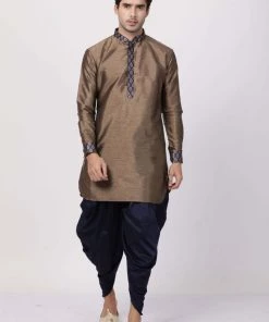 Vastramay Men's Bronze And Navy Blue Silk Blend Kurta And Dhoti Pant Set