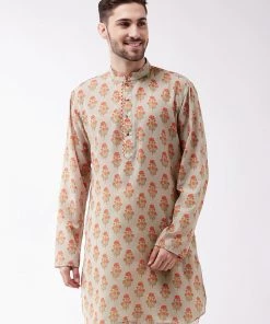 Vastramay Men's Multicolor-Base-Cream Muslin Cotton Kurta