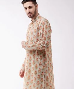 Vastramay Men's Multicolor-Base-Cream Muslin Cotton Kurta