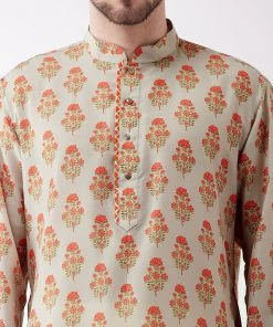 Vastramay Men's Multicolor-Base-Cream Muslin Cotton Kurta