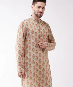 Vastramay Men's Multicolor-Base-Cream Muslin Cotton Kurta